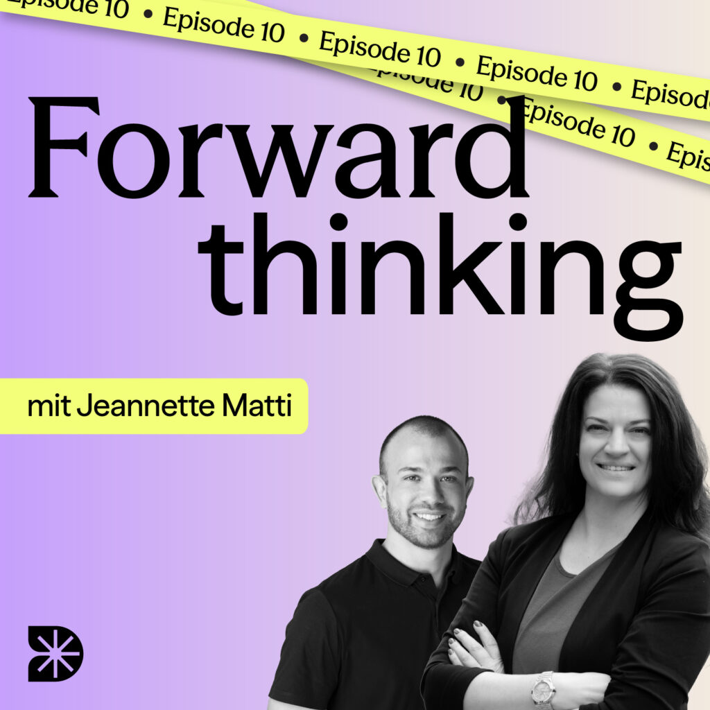 Podcast Cover in lila und gelb. Zwei Menschen. Die zehnte Folge.