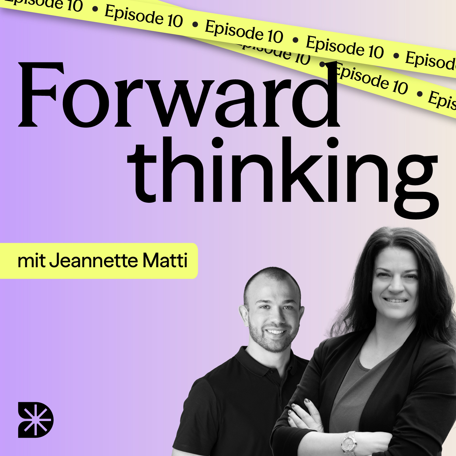 Podcast Cover in lila und gelb. Zwei Menschen. Die zehnte Folge.