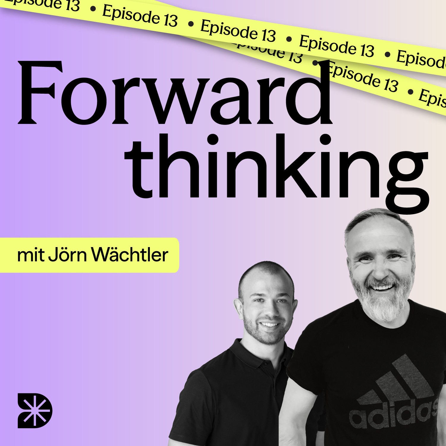 Podcast Cover in lila und gelb. Zwei Menschen. Die dreizehnte Folge.