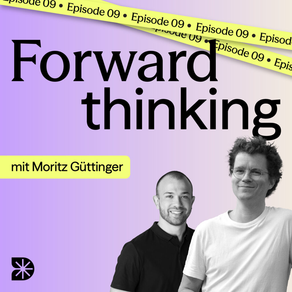 Podcast Cover in lila und gelb. Zwei Menschen. Die neunte Folge.