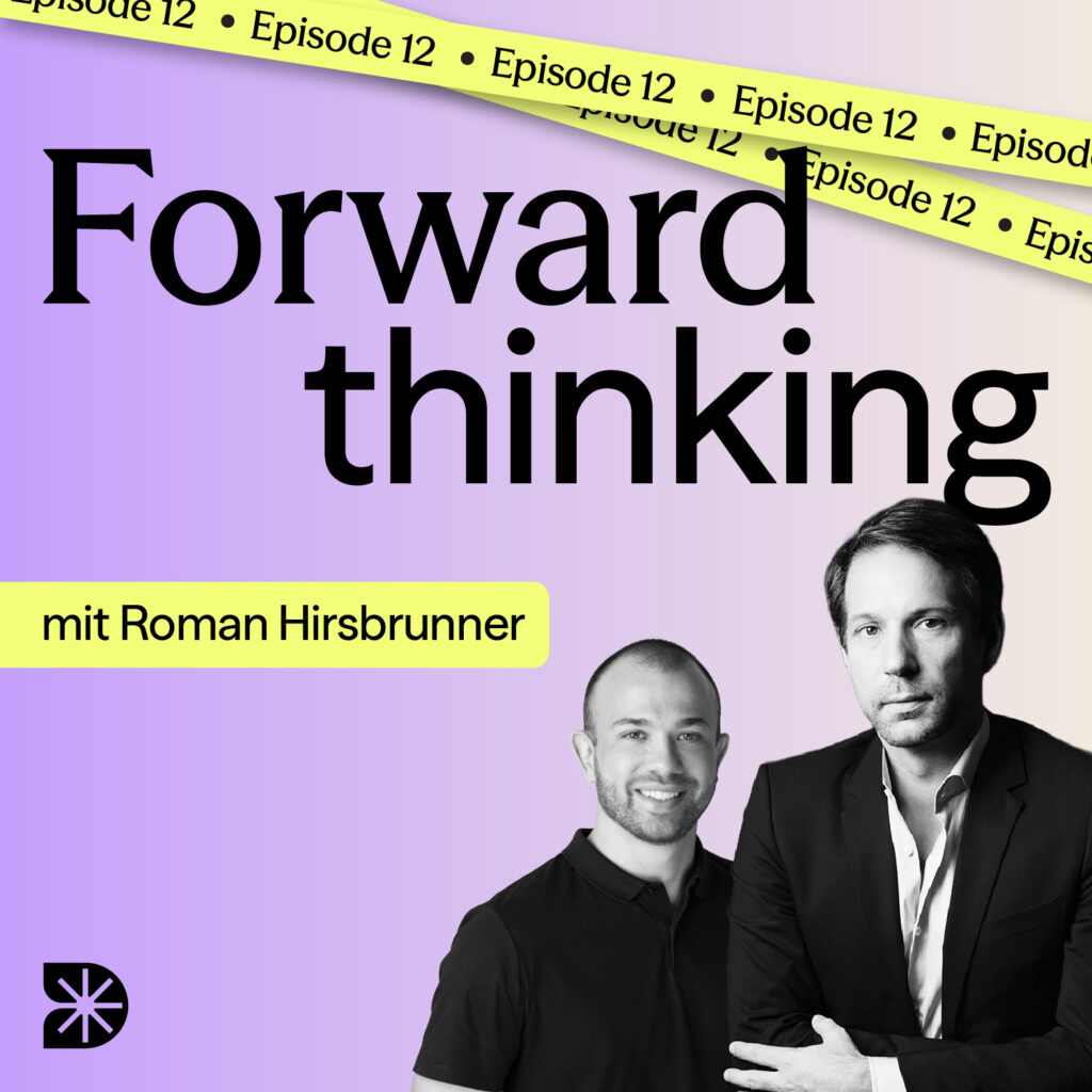 Podcast Cover in lila und gelb. Zwei Menschen. Die zwölfte Folge.