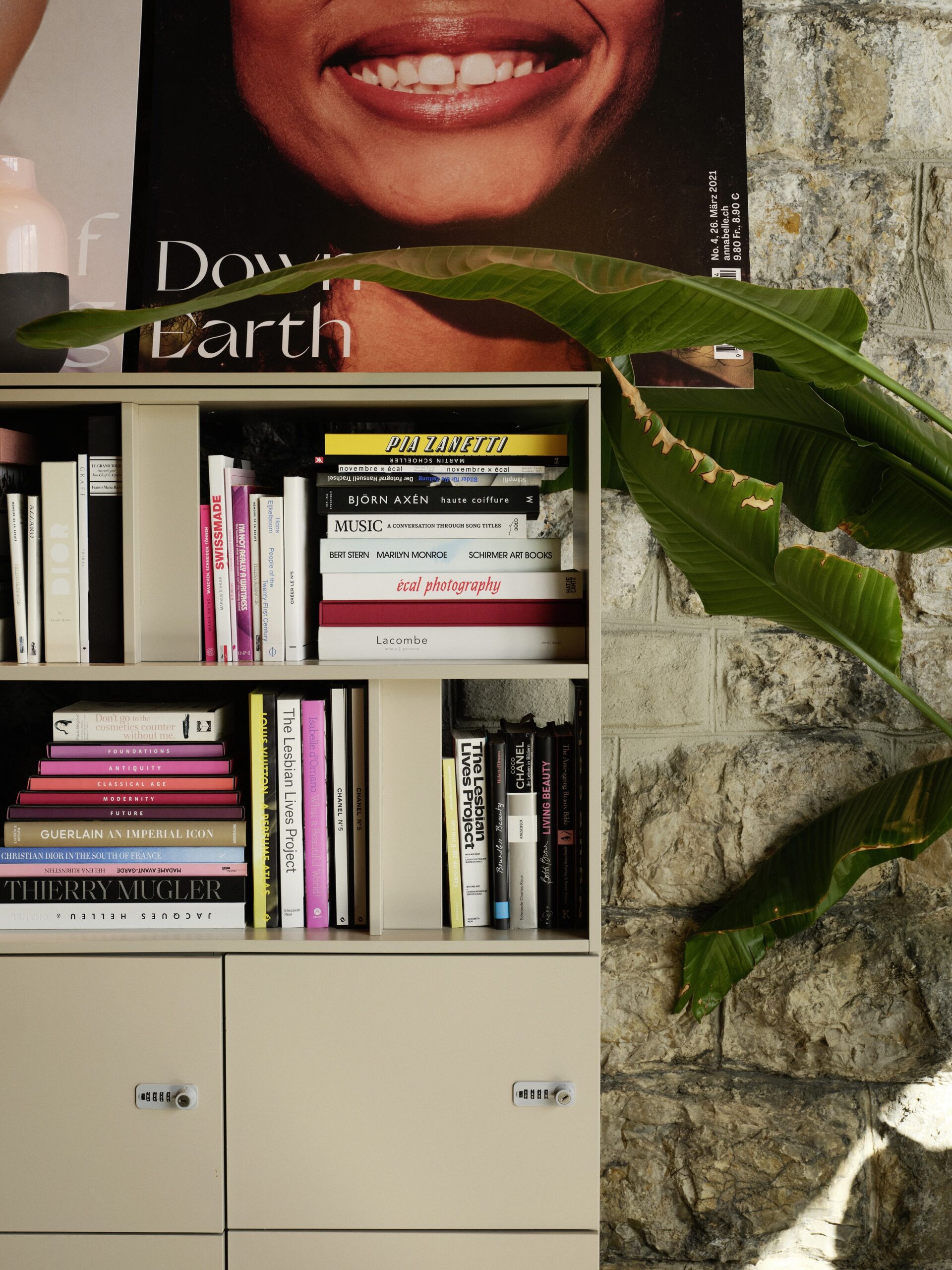Regalsystem mit stylischen Büchern vor Steinmauer-Wand
