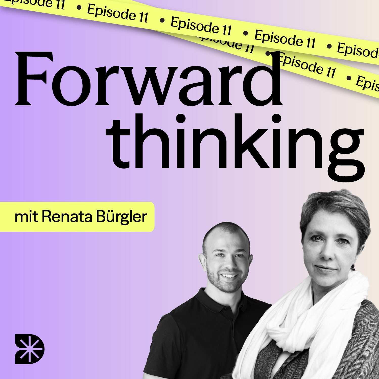 Podcast Cover in lila und gelb. Zwei Menschen. Die elfte Folge.